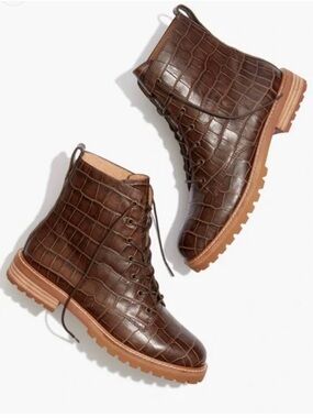 Madewell Dark Brown Croc-Embossed Leather Combat Boots